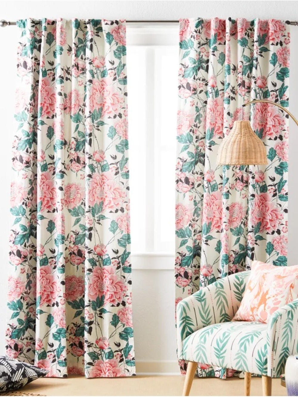 Floral Pink and Green Window Curtain Panels and accent pillow